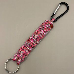 Pink, Gray & White Camouflage Paracord Keychain with Carabiner clip & keyring